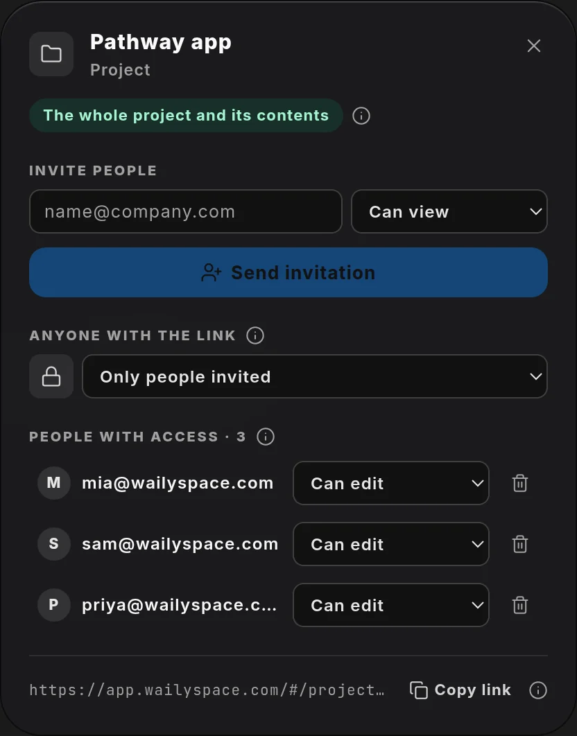 The share dialog for a project: invite by email, link access and the three people who can edit it.