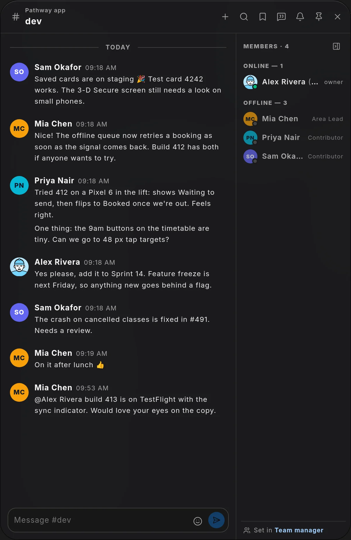 Project chat in Wailyspace: a product team talking through a new build.