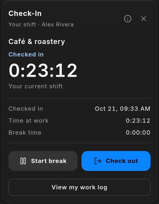 The check-in card, with a shift running at a café.
