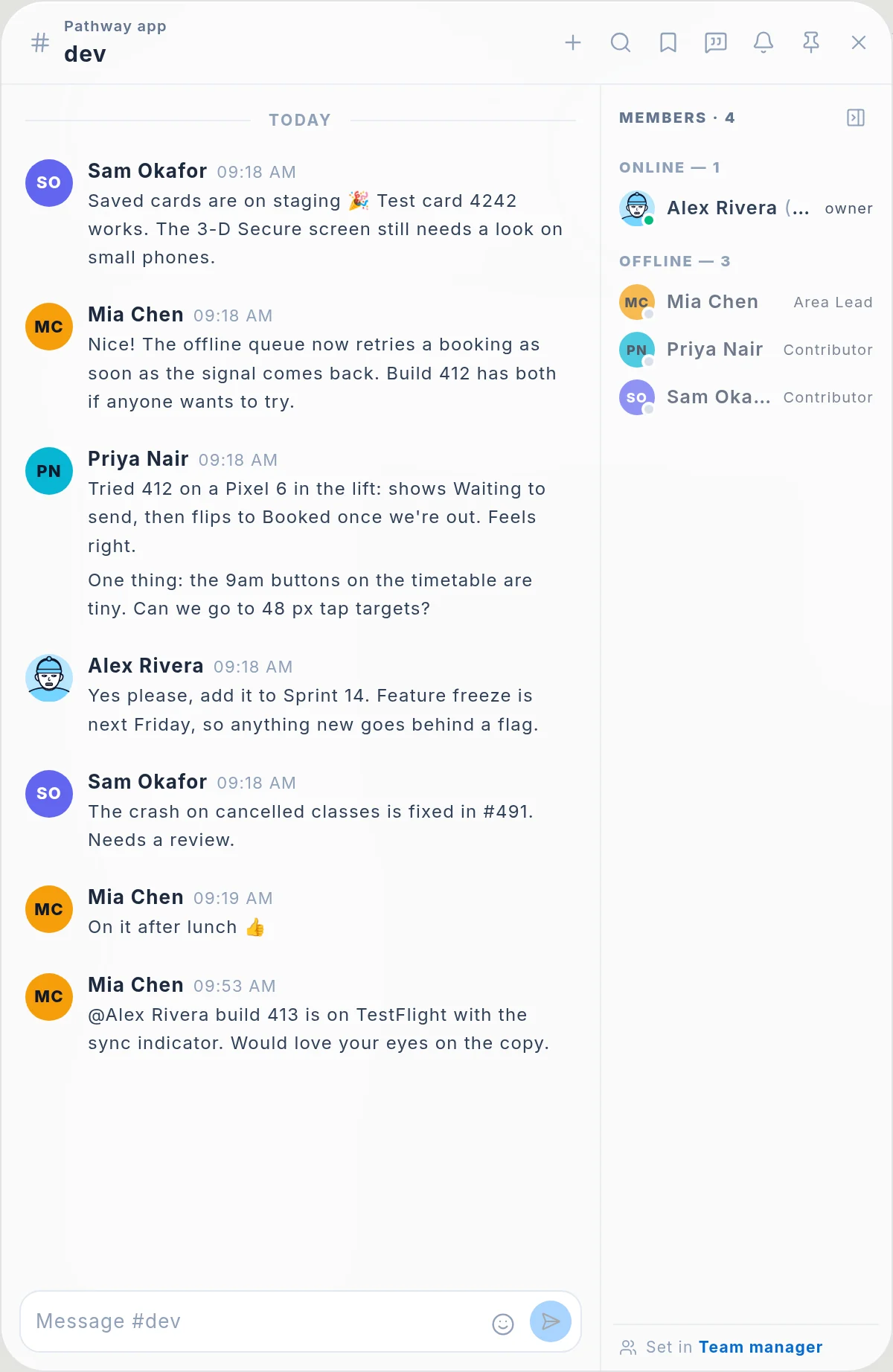 Project chat in Wailyspace: a product team talking through a new build.