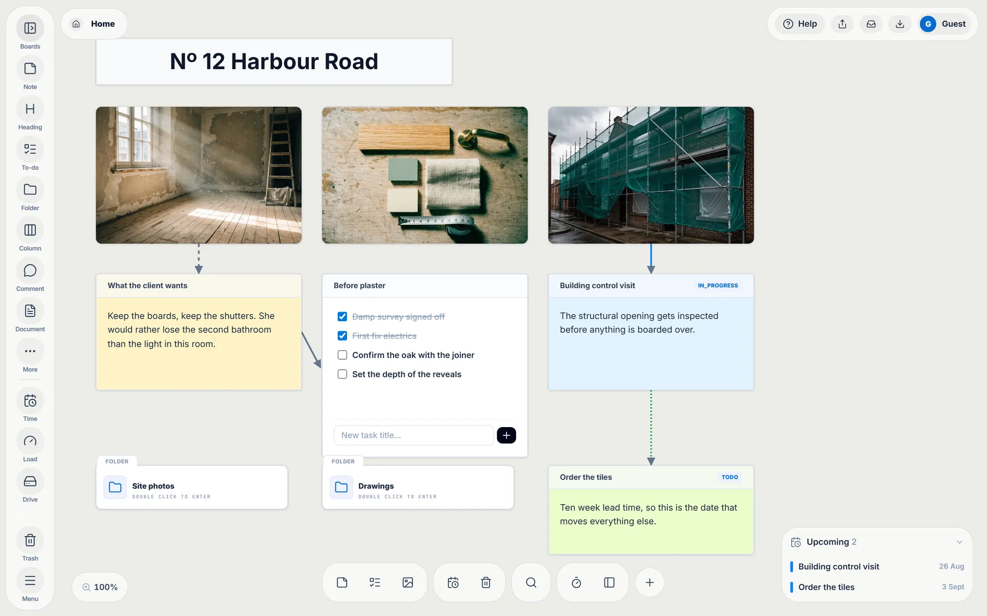 A Wailyspace board for a house renovation: site photographs above a client note, a snag list and two dated jobs, wired to each other with dashed, curved, straight and routed connectors.