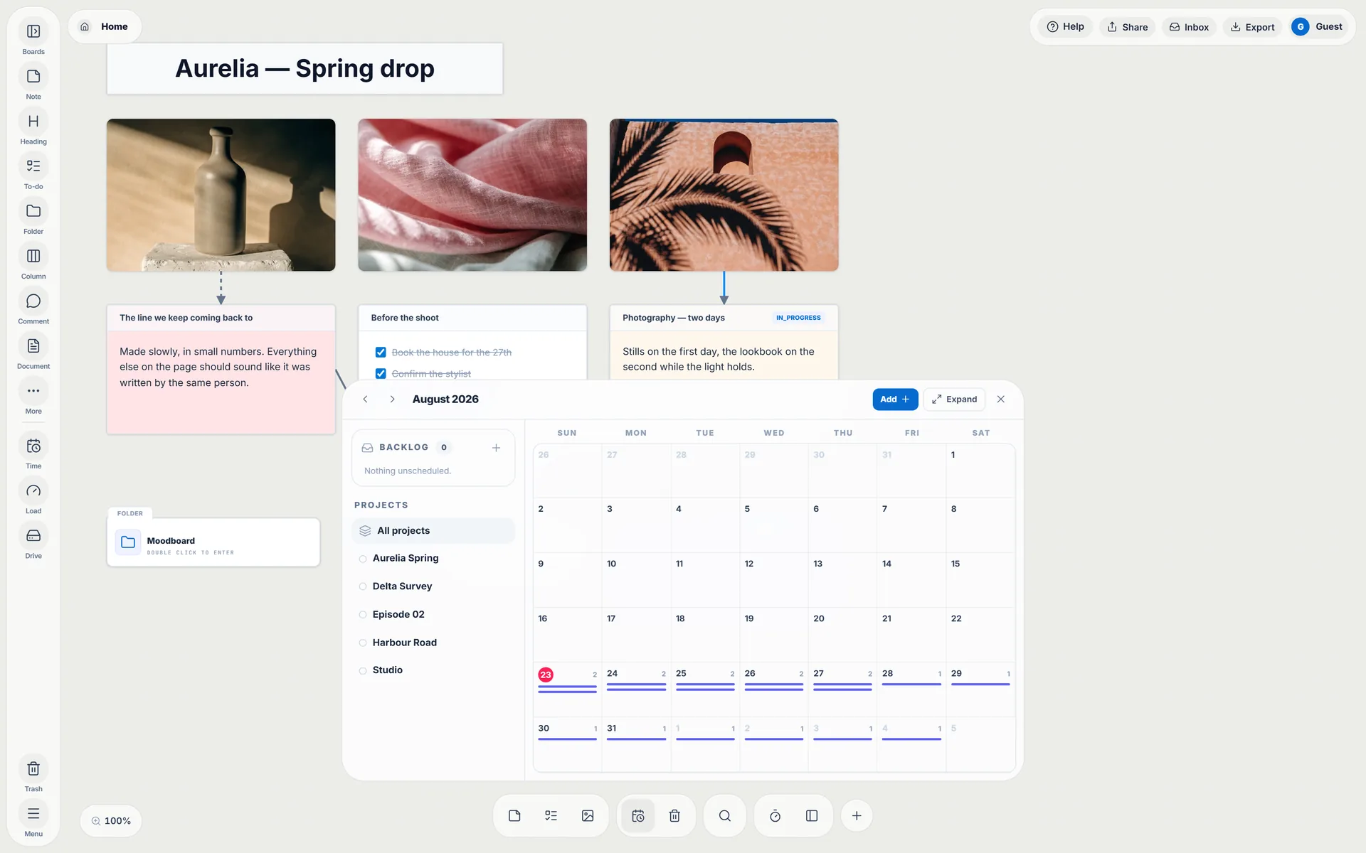 A Wailyspace board for a product launch with the calendar open beside it: photographs wired to their notes, and the month showing when each dated job is due.