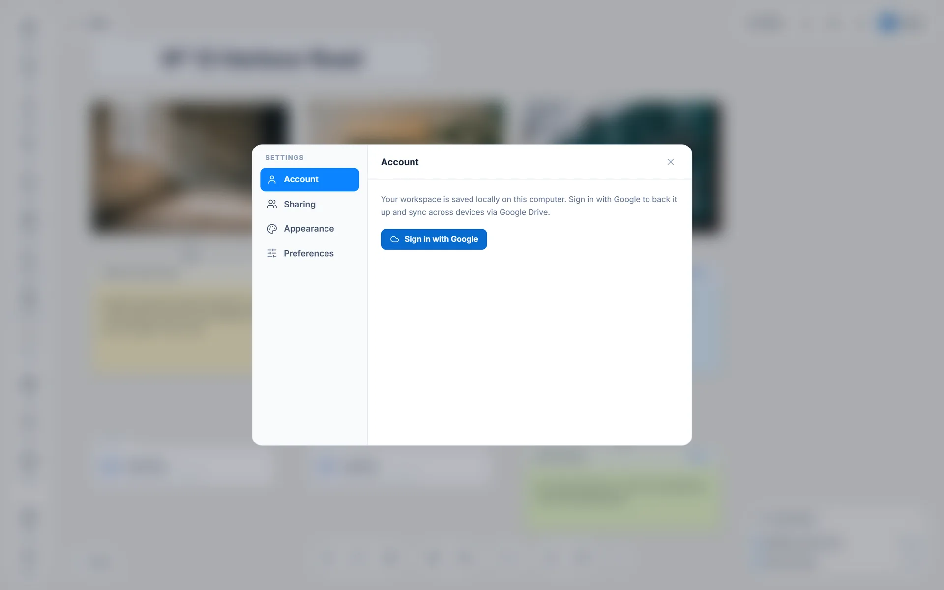 The Wailyspace settings dialog open over a board, offering to sign in with Google to back the workspace up and sync it across devices via Google Drive.