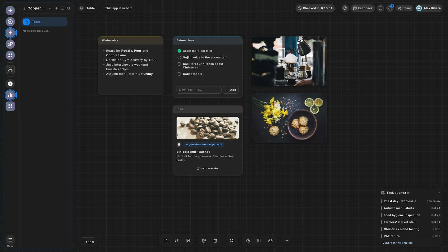 The Wailyspace Table in dark mode on a graphite canvas: a café's Table, with the pour-over bar and lemon shortbread pinned to it.