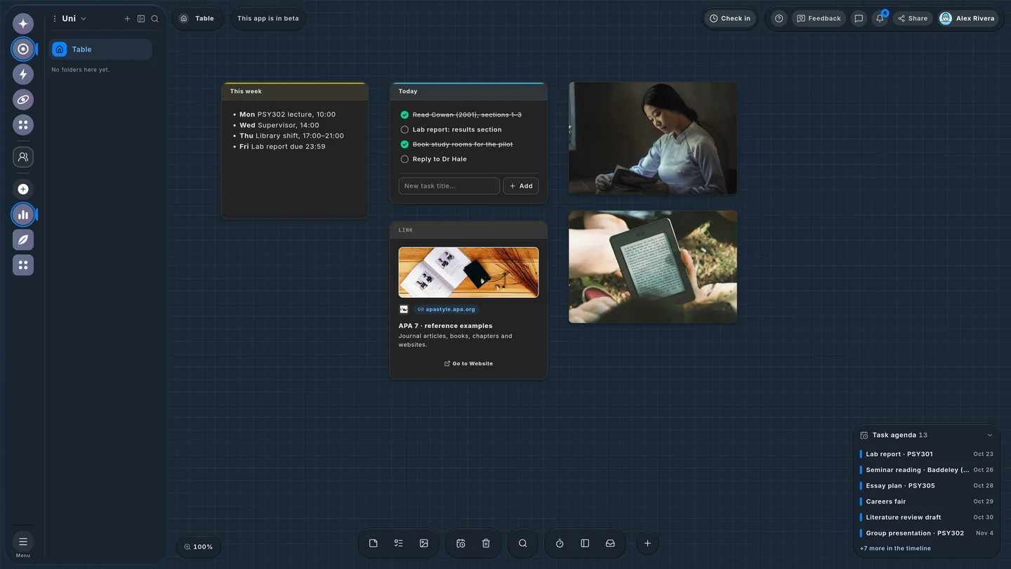 The Wailyspace Table in dark mode on a navy canvas: a student's Table, with a reading session and an e-reader pinned to it.
