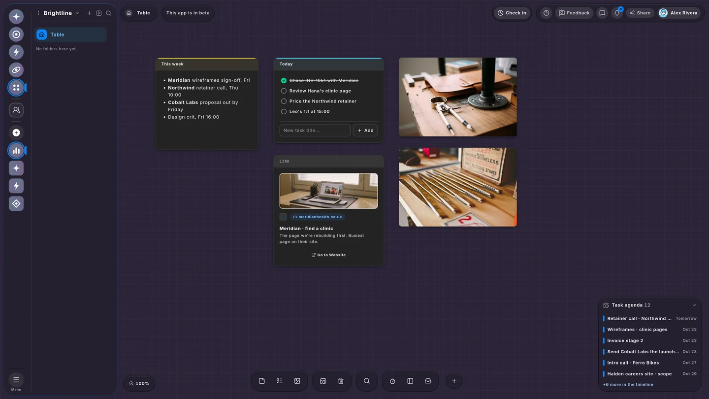 The Wailyspace Table in dark mode on a plum canvas: an agency's Table, with a workshop bench and pencils pinned to it.