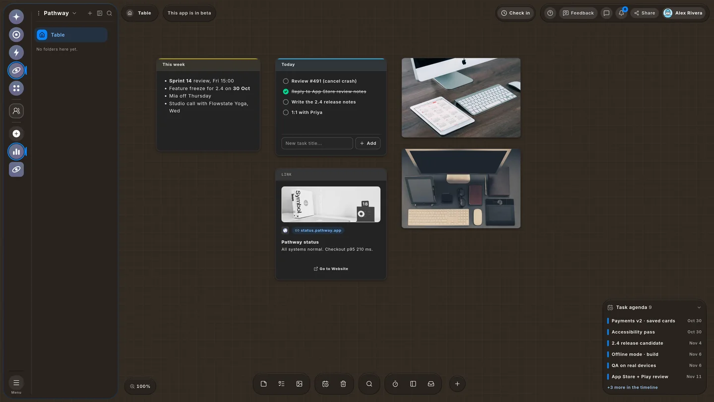 The Wailyspace Table in dark mode on a umber canvas: a product team's Table, with a release-day desk and test devices pinned to it.