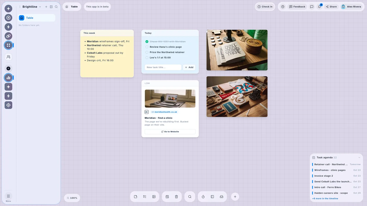 The Wailyspace Table in light mode on a lilac canvas: an agency's Table, with a design desk and a brand pack pinned to it.