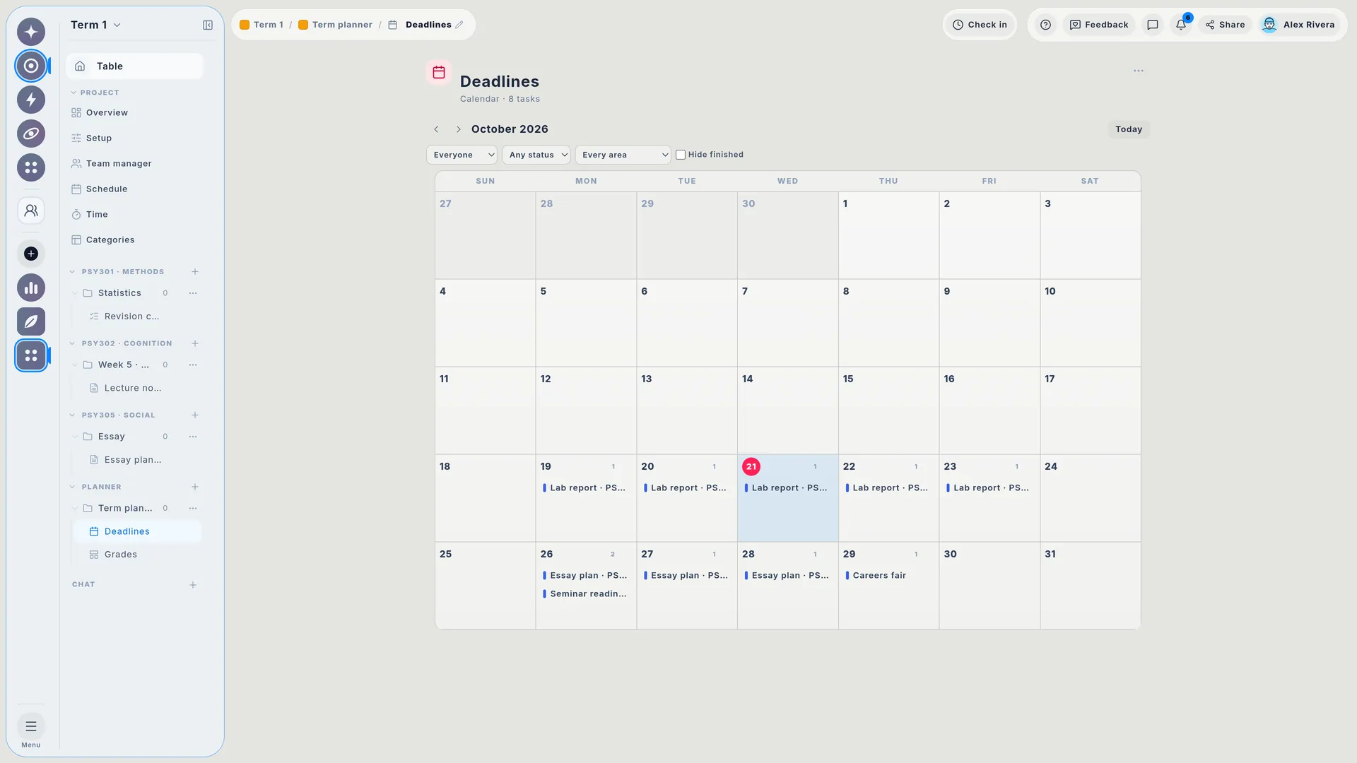 Students, Never miss a deadline: Each deadline shows on its day. Today is marked, so you know how much time is left. Show one module at a time, or hide work that is done.