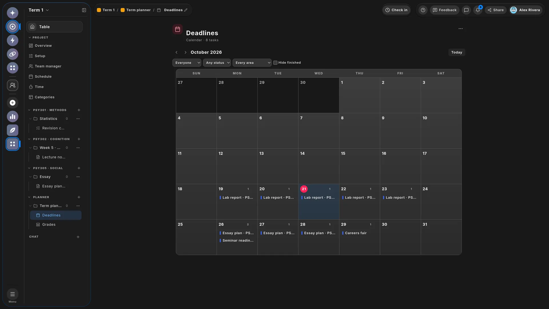 Students, Never miss a deadline: Each deadline shows on its day. Today is marked, so you know how much time is left. Show one module at a time, or hide work that is done.